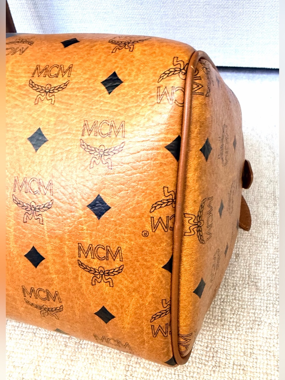 MCM Rare Visetos Blue Stripe Boston Satchel Bag Cognac Gold Hardware - Picture 10 of 13